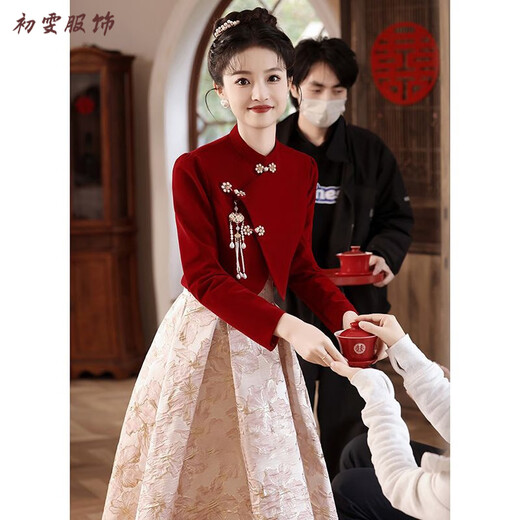 Meianjia new Chinese toasting dress bride's new red wedding engagement dress skirt women's winter long-sleeved winter wine red S