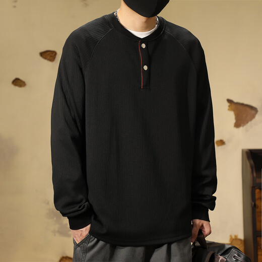 Ten Cranes American Retro Heavy Henley Neck Sweatshirt Men's Fall Trendy Loose Casual Texture Long Sleeve T-Shirt Black (280g Heavy Henley Neck Sweatshirt) 4XL (200-220Jin Jin is equal to 0.5 kg)