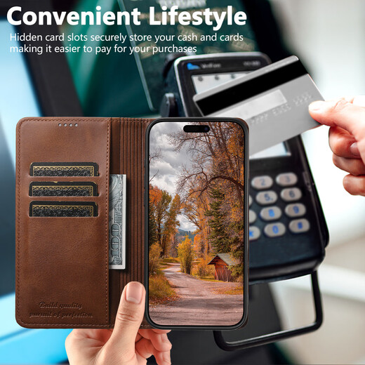 Luo Yi is suitable for Apple 17ProMax mobile phone case iPhone16/15/14/13Pro genuine leather clamshell magnetic leather case all-inclusive anti-fall silicone protective cover for men and women high-end brown calf simple magnetic leather case Apple 15ProMax