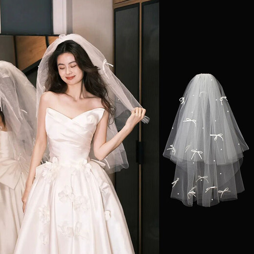 Bai Qixin Veil Proposal Super Fairy Beaded Bow Knot Bride Wedding Photo Collection Certificate Registration Bow Puffy Headdress Yunli Beaded Bow Tie Veil 75cm Hair Comb Style