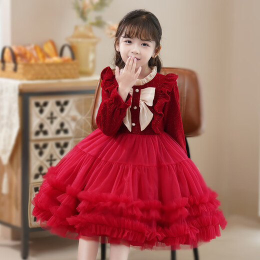 Piggy Banner (PEPCO) girls dress spring and autumn fashionable little girl autumn and winter dress children's dress princess dress autumn red 130