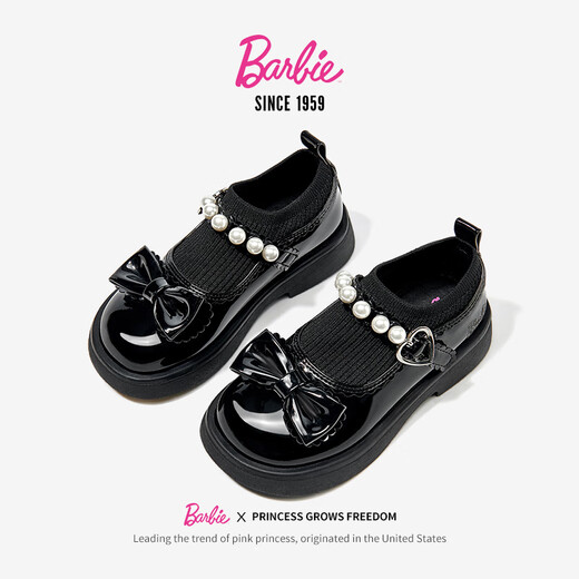Barbie Girls Campus Black Leather Shoes Spring and Autumn Girls Soft Sole Small Leather Shoes Little Girls Princess Shoes DA6917 Black 31