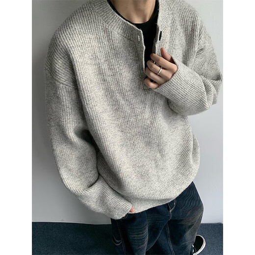 QGF gray American Henry collar sweater men's autumn and winter lazy style high-end knitted sweater cleanfit jacket light gray XL recommended 110-130Jin Jin equals 0.5 kg