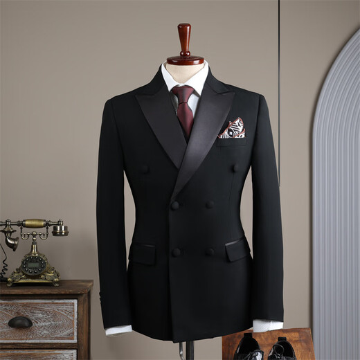 Vbanlya Italian brand 2025 double row suit men's suit groom wedding dress groomsmen suit suit male host black (suit + trousers) 2XL 9011 black 54_(135-145Jin Jin equals 0.5 kg)