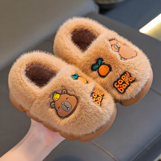 Kapibara children's cotton slippers feel like stepping on shit, boys' winter cartoon cute non-slip indoor parent-child baby slippers, dark coffee slippers 12 size 36/37 (suitable for 35/36 feet)