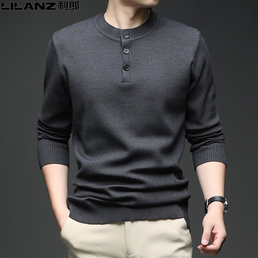 LILANZ Men's Cardigan Henley Neck Cardigan Autumn and Winter Thickened Casual Men's Round Neck Knitted Sweater Cashmere Sweater Black L 170 (120-140Jin Jin equals 0.5kg)