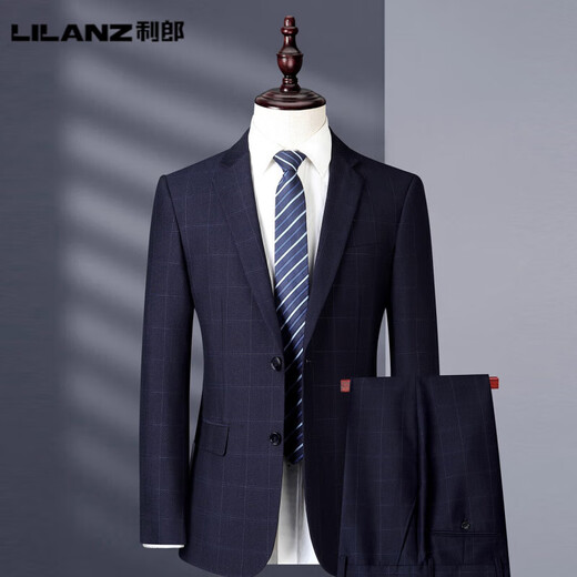 Lilang Wedding Suit Slim Suit Men's Casual No-iron Middle-aged Dad's Plaid Banquet Dress Lange M 170