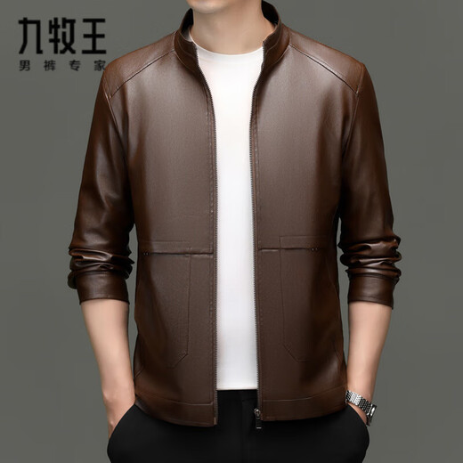 Jiumuwang men's leather jacket short stand collar zipper autumn and winter casual jacket PU leather top middle-aged dad men's jacket black M