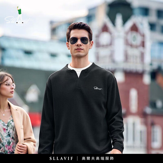 SLLAVIF Henry collar fake two-piece long-sleeved T-shirt men's loose spring waffle casual bottoming shirt black M suitable for 100-125Jin Jin equals 0.5 kg