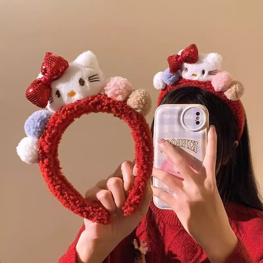 Songchuang Mengyu Cartoon Cat Hawaiian Cute Style Handmade KT Cat Headband Animals Playful and Cute Plush Ball Hair Accessory Hairpin Hello Kitty Headband
