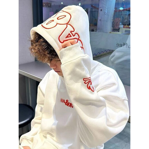 趣米乐美式高街硬挺连帽卫衣男秋冬季宽松潮流重磅慵懒上衣情侣外套帽衫 白色-加绒 L 【建议100-120斤】