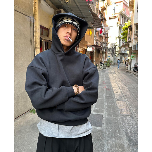 Shelley Jones dark gray short boxy sweatshirt men's spring and autumn youth stiff hoodie American retro heavy jacket dark gray XL recommended 120-140Jin Jin equals 0.5 kg