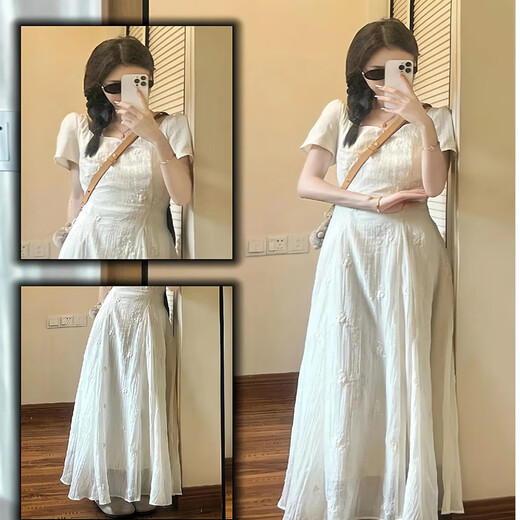 Bangboshi white dress short-sleeved embroidered floral long dress 2025 summer new tea break French style elegant temperament gentle style embroidered dress apricot M size suitable for 85-100Jin Jin is equal to 0.5 kg