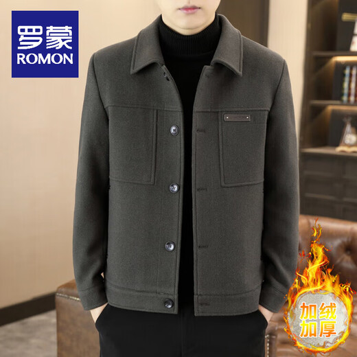 ROMON wool jacket men's short velvet thickened jacket autumn and winter men's new casual slim lapel woolen top Khaki XL 180/100A 130-150Jin Jin equals 0.5 kg