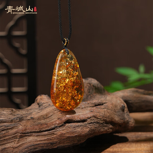 Qingcheng Mountain Natural Water Drop Flower Amber Pendant, Orphan, Same Style for Men and Women, Simple Autumn Necklace, Amber Pendant, Beeswax Gift, Flower Amber Water Drop Pendant, Orphan Product Has Expired