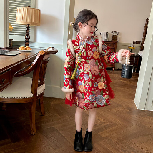 Gardenia's Growth Notes Children's Clothes Girls' Red New Year's Clothes Children's Baby New Year's Dress Velvet New Year's Eve Clothes Red Velvet Dress 130