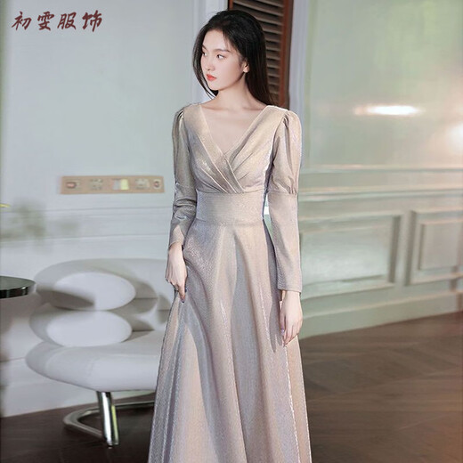 Mei Anjia evening dress women's new banquet temperament light luxury niche high-end long-sleeved annual meeting dress spring and summer hosting champagne gold long style 3XL