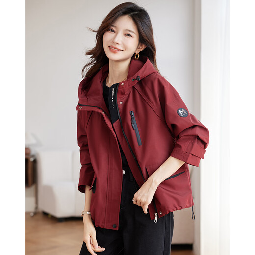 TERRE BLEUE Fashionable Versatile Jacket Women's 2025 Autumn New Age-Reducing Hooded Cardigan Windbreaker Red Velvet XL