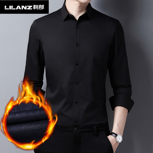 Lilan 2025 Осенние и зимние мужские рубашки без глажки, повседневные рубашки из чистого хлопка, черные деловые топы с внутренней подкладкой, мужские рубашки Lilan 1715 Black Plus Velvet Plus Velvet XL 175