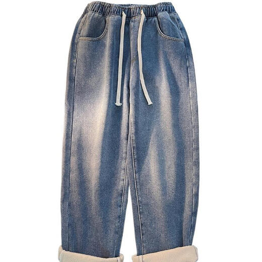 Velvet Thickened Straight Jeans Women's Winter 2025 New Small Wide Leg Cotton Elastic Waist Autumn and Winter Pants Retro Blue - Velvet XL