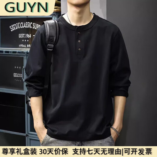 GUYN light luxury men's clothing brand 2025 spring new pure cotton Henry collar long-sleeved T-shirt for men, loose, fashionable and versatile, military green military green 2XL 150175Jin Jin equals 0.5 kg