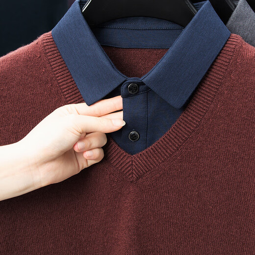 Hengyuanxiang Shirt Collar Sweater Men's Pure Wool 2025 Autumn and Winter New Men's Fake Two-Piece Wool Sweater Tops Business Casual Deep Sea Blue