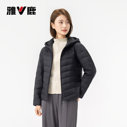 Yalu Down Jacket Women's Lightweight Autumn Down Hooded Simple Solid Color Slim Fit Warm Short Jacket Black 170