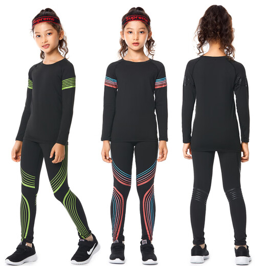 Dika children's tights training clothes quick-drying clothes girls basketball football running yoga clothes girls base layer suit autumn plus velvet style - all black 4-piece set L size recommended 170-175 high 120-140 Jin Jin is equal to about 0.5 kg