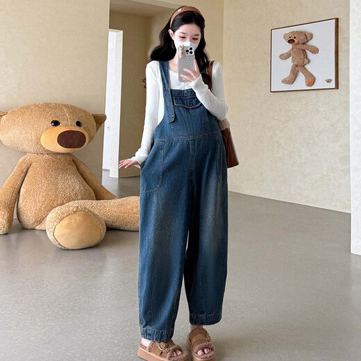 Ailanting's new autumn and winter pure cotton denim overalls for pregnant women, loose wide-leg overalls, slimming knitted V-neck tops, 2 sets, blue single-piece overalls L recommended 115-130 Jin Jin equals 0.5 kg