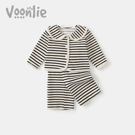 Fanlie VOONLIE Girls Suit Autumn 2025 New Baby Fashionable Two-piece Set Baby Striped Jacket Pants Spring and Autumn Trend Black and White Stripes 80 cm
