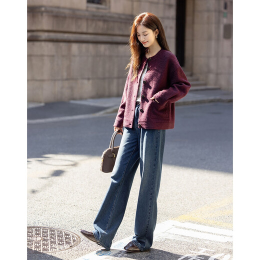 Demana Texture Code Winter Warm Sheep Wool Blended Round Neck Box-Type Large Pockets Thick Loose Women's Jacket