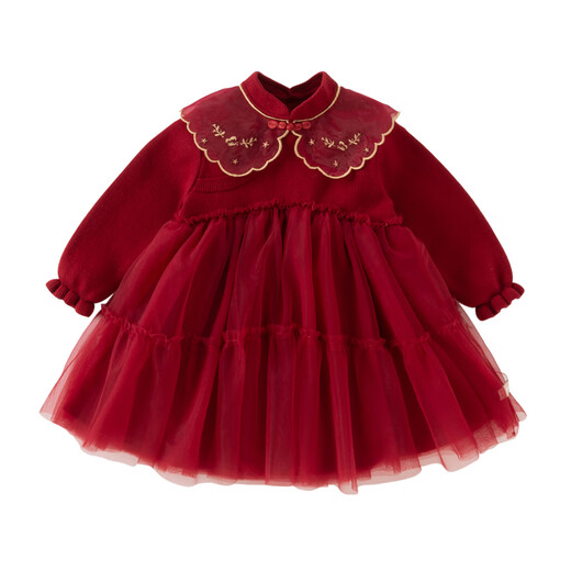 DAVE&BELLA children's dress winter new Chinese style girls mesh skirt baby velvet skirt little princess dress dark red ready stock 120 cm (recommended height 110-120cm)