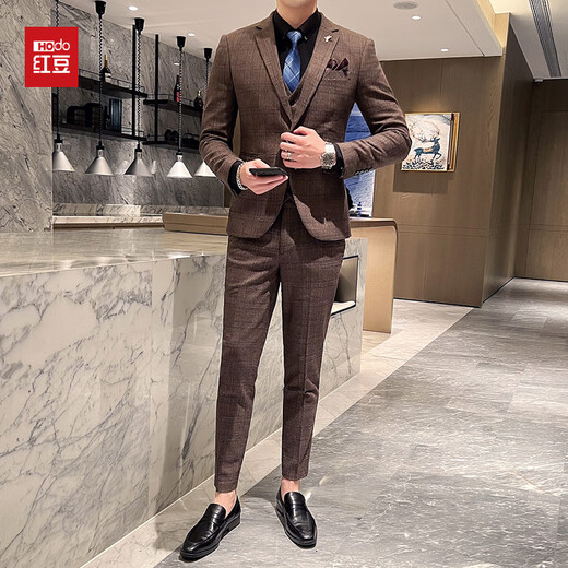 Hongdou Men's Suit Korean Style Slim Groom Wedding Formal Youth Casual Business British Banquet Dress Dark Gray Single Suit M