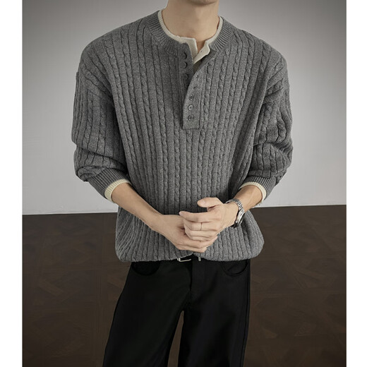 Unicorn cool American Henry collar sweater men's autumn and winter trendy brand old money style men's top with fake two-piece knitted sweater for men Gray M
