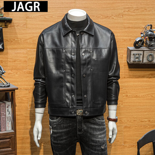 JAGR trendy brand leather jacket men's new spring and autumn motorcycle leather jacket casual top trendy men's leather jacket black black 2XL