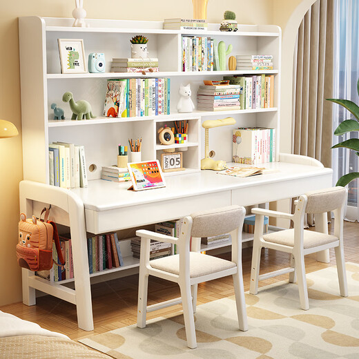 Huixun solid wood double desk bookshelf integrated home liftable children's study table study student study desk writing desk walnut color #desk + bookshelf 160cm*60cm*75cm total height 190cm