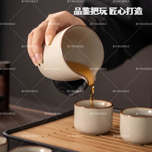 ROWILUX tea set complete set of high-end beige Ru kiln Kung Fu tea set household ceramic teapot lid bowl tea cup light luxury Chinese style <Yuanshan> + tea tray 16 pieces