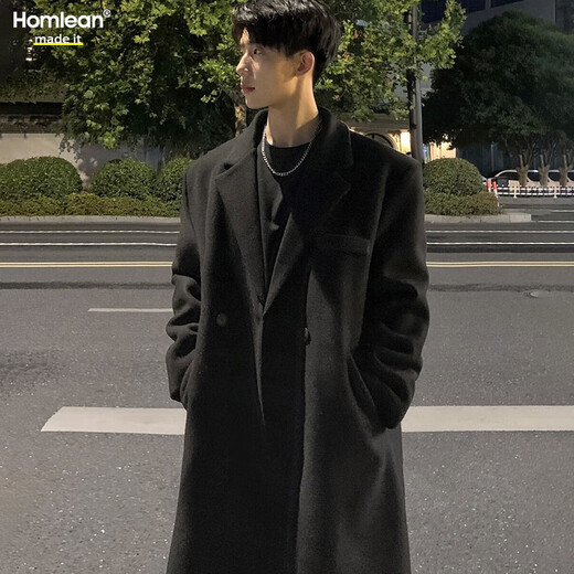 Homlean woolen coat jacket men's autumn and winter mid-length Korean style high-end loose knee-length woolen windbreaker HT21 black M