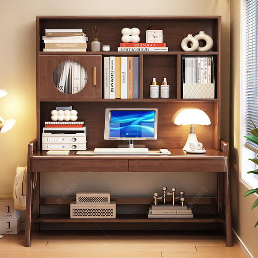 Huixun light luxury solid wood desk bookshelf integrated table small apartment liftable study table student home study computer table and chair walnut color #desk + bookshelf 80cm*60cm*75cm total height 190cm