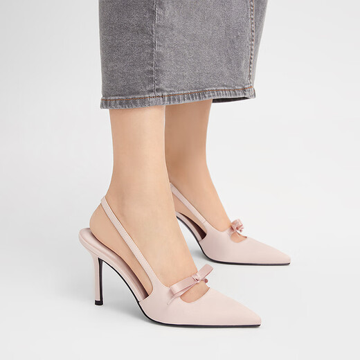 Charles/Keith Satin Bow Speced Toe High Heel Sandalen für Mädchen Geburtstagsgeschenk CK1-60361556 Light Pink Light Pink 37