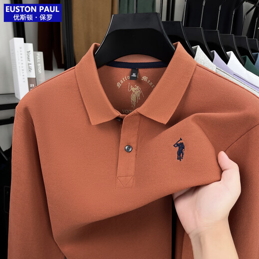 EUSTON PAUL Autumn new style 100% cotton men's long-sleeved T-shirt high-end lapel embroidery versatile POLO shirt for young and middle-aged people Black L (50) Weight 120-140Jin Jin is equal to 0.5 kg