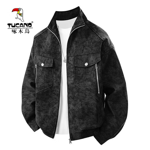 Woodpecker Jacket Men's Single Casual Jacket Trendy Slim Handsome Youth Autumn and Winter Fashion Motorcycle Leather Jacket Men's White Gray XL