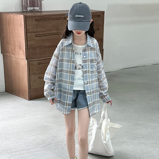 Girls plaid shirt autumn top 2025 new inch coat medium and large children's trendy long-sleeved shirt sun protection blue 130