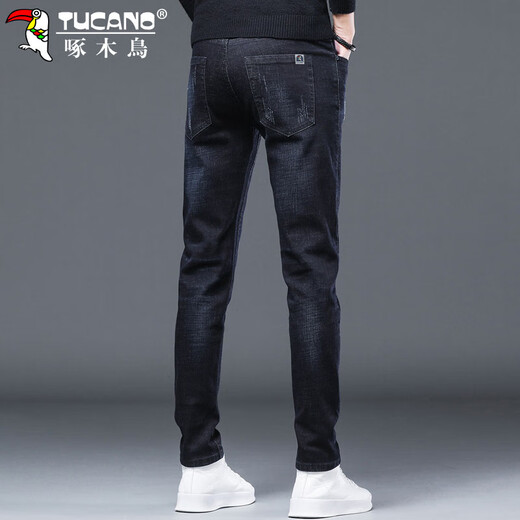 啄木鸟（TUCANO）牛仔裤男秋冬季修身弹力长裤子男士潮牌商务休闲裤男 蓝黑色 32