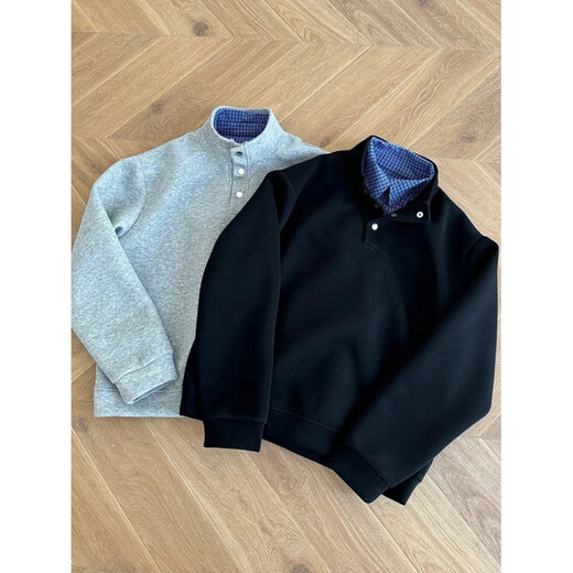 Lingbo (XUANSENTU) light gray American plaid fake two-piece sweatshirt men's autumn Henley collar polo shirt cle gray fabric upgrade 2XL