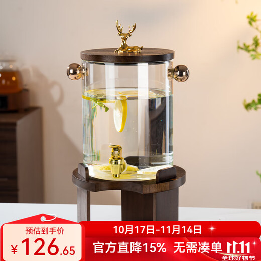 Flower language four seasons high borosilicate glass cold water kettle, high temperature resistant cold water bucket household set, large capacity solid wood lid with faucet beverage bucket, wooden lid bucket 3.6L + base