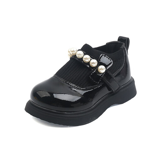 G.duck Little Yellow Duck Girls' Small Leather Shoes Spring New Children's Soft Sole Anti-Slip Princess Shoes Baby Beaded Fly-knit Small Single Shoes Black 21 (Inner Length 13.5cm)