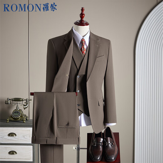 ROMON suit + vest + trousers Modal cotton wool haute blazer business dress jacket men black 2XL