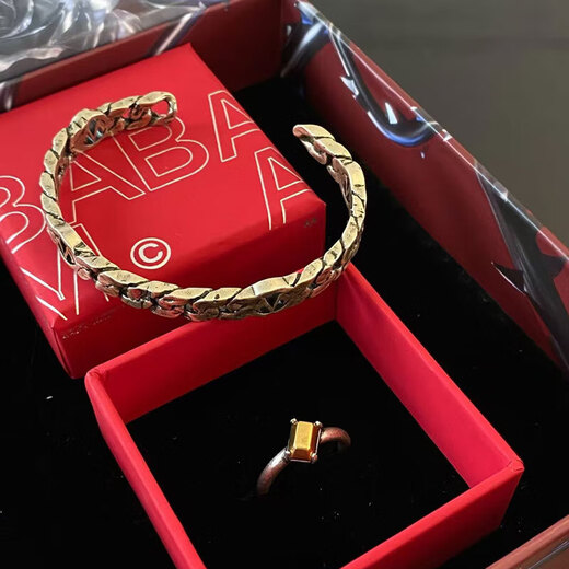 Jin Xu Wen Taotong Cuban Bracelet Men's Mark Bracelet Couple Bracelet Birthday and Valentine's Day Gift to Boyfriend Ancient Silver (Inner Diameter 65mm Opening 28mm)