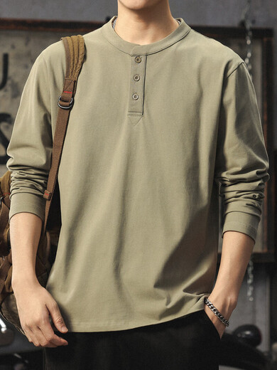 Luo Meng spring and autumn pure cotton long-sleeved t-shirt for young men, stylish and handsome loose casual Henry collar bottoming shirt trendy navy blue L 120-140Jin Jin is equal to 0.5 kg